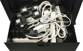 EcoSystem Rack with surge protectors and plug ins filling the a rack drawer